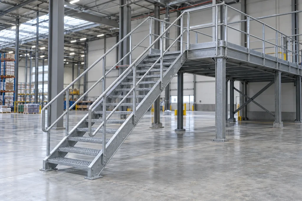 Sfeerbeeld van een industriële trap met bordes in een magazijn